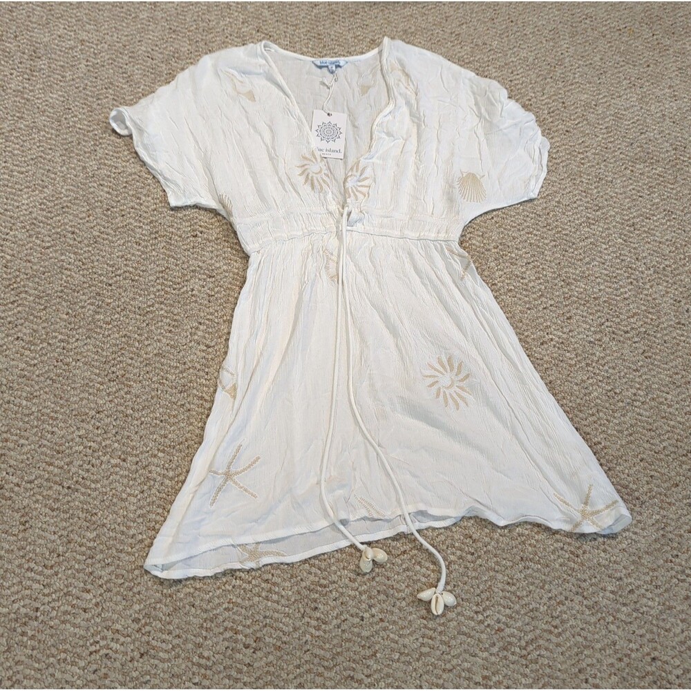 Blue Island Beach Swimsuit Cover Up Dress Small White Embroidered Shell Tassels